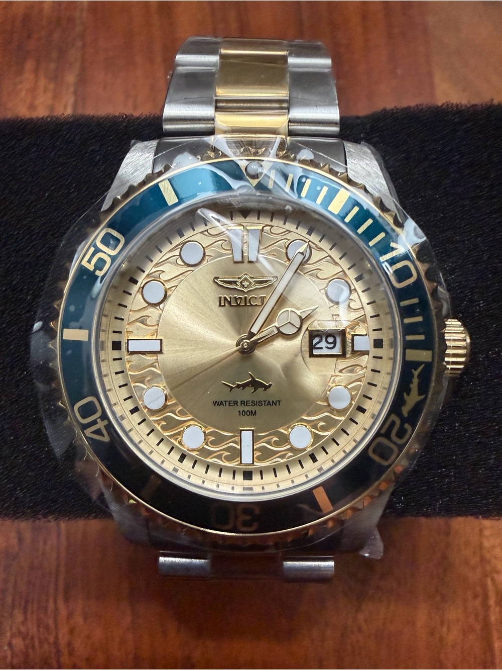 Invicta Mens Pro Diver Champagne Dial Two-Tone Watch with Blue Bezel